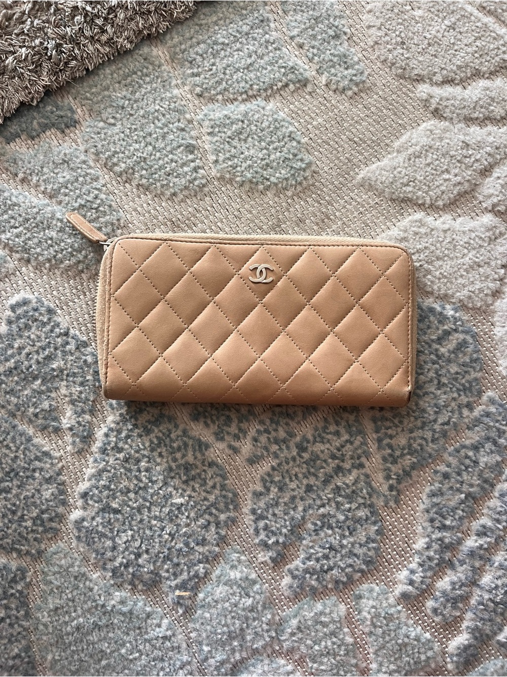 AUTHENTIC CHANEL Quilted Zip-Around Wallet in Beige